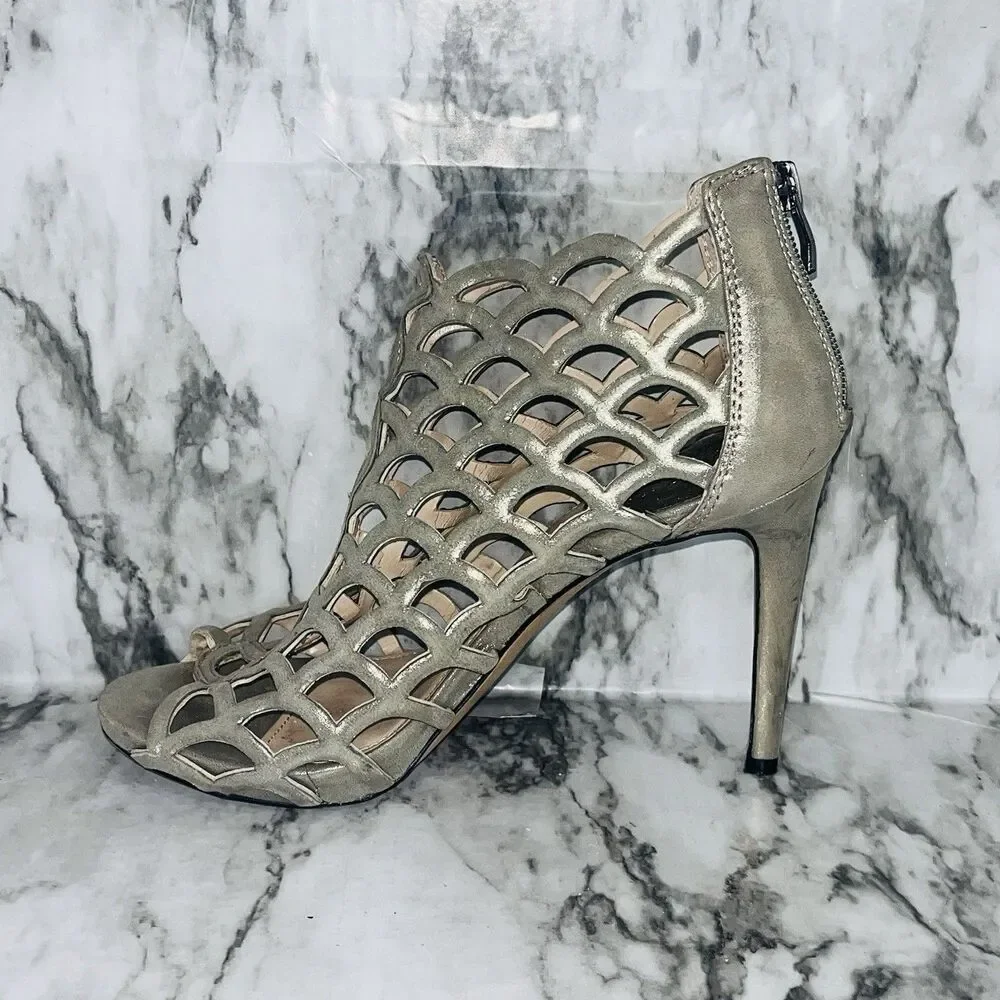 Vince Camuto Fontanela Caged Heels Size 7.5M Silver Metallic Shimmer Zip Back